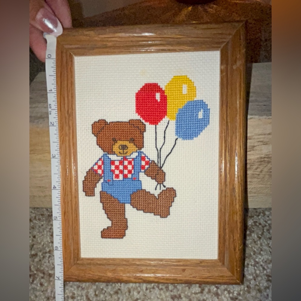 Framed Cross-Stitch Teddy Bear with Balloons